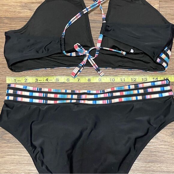 Black and Multicolor Striped Women's Swim Set 2 Piece Halter Neckline Size XL - Picture 13 of 14